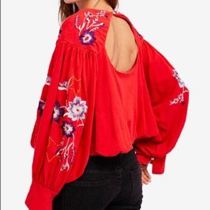 Free people embroidered blouse with balloon sleeves and keyhole back